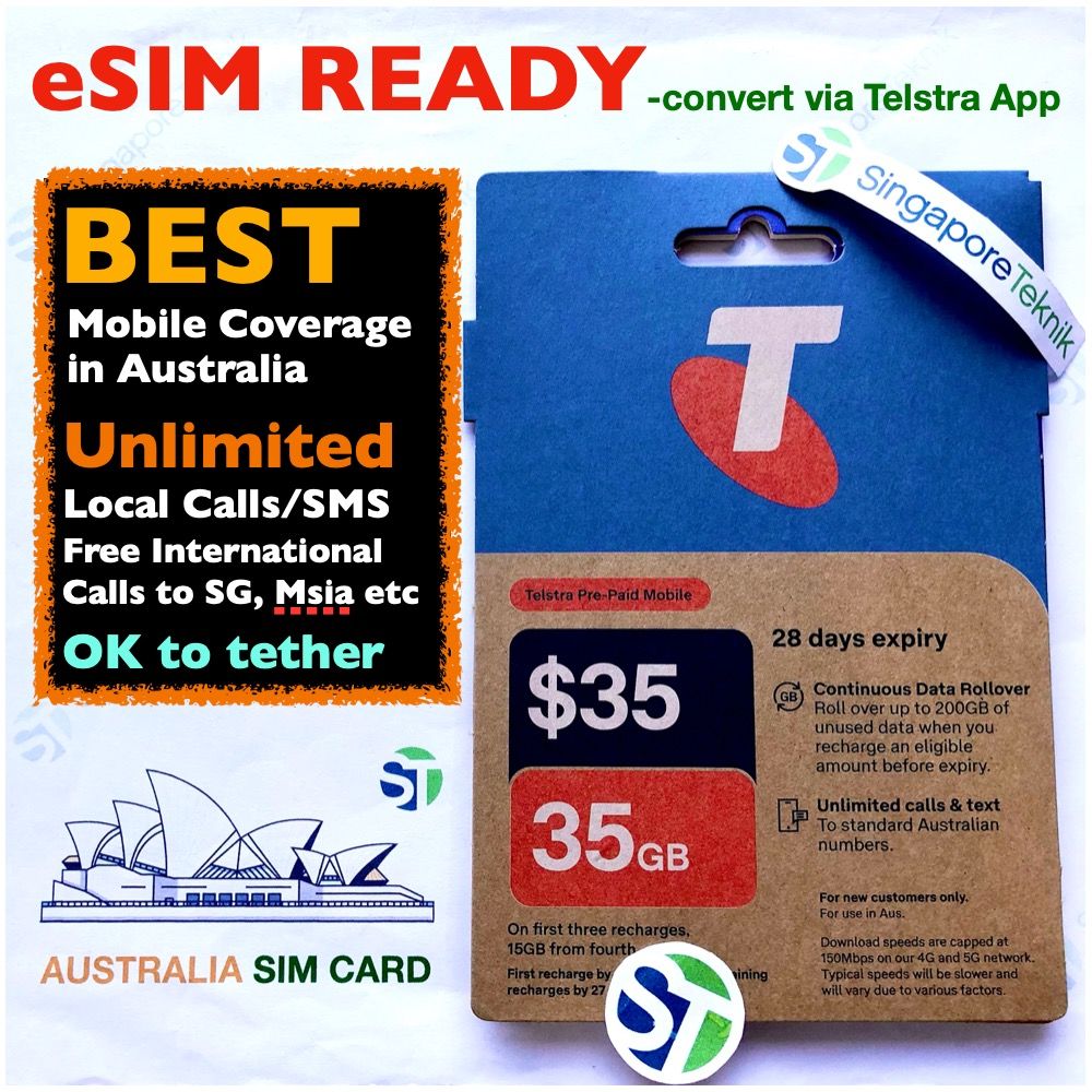 Telstra Prepaid eSIM SIM Card Australia 35GB Data Mobile Roam Best Tasmania Melbourne Perth