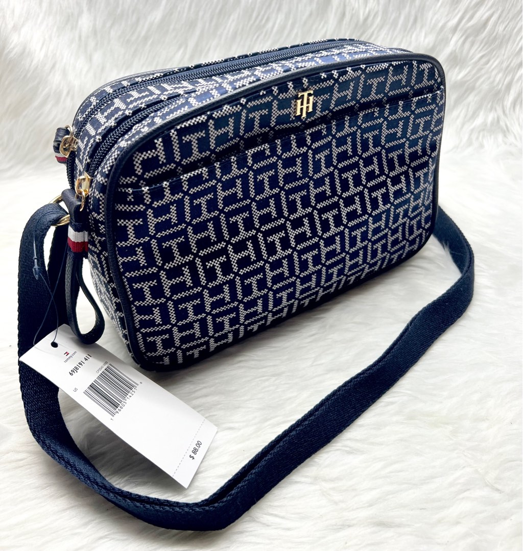 Tommy Hilfiger Bags | Tommy Hilfiger Camera Crossbody Bag in Dark Navy PVC Letters Monogram Jacquard | Color: Blue/White | Size: 8 x 5.5 x 3 