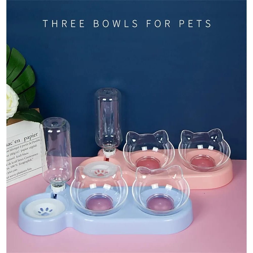 Triple Pet Bowls with Automatic Water Bottle 3 in 1 feeder Bowl