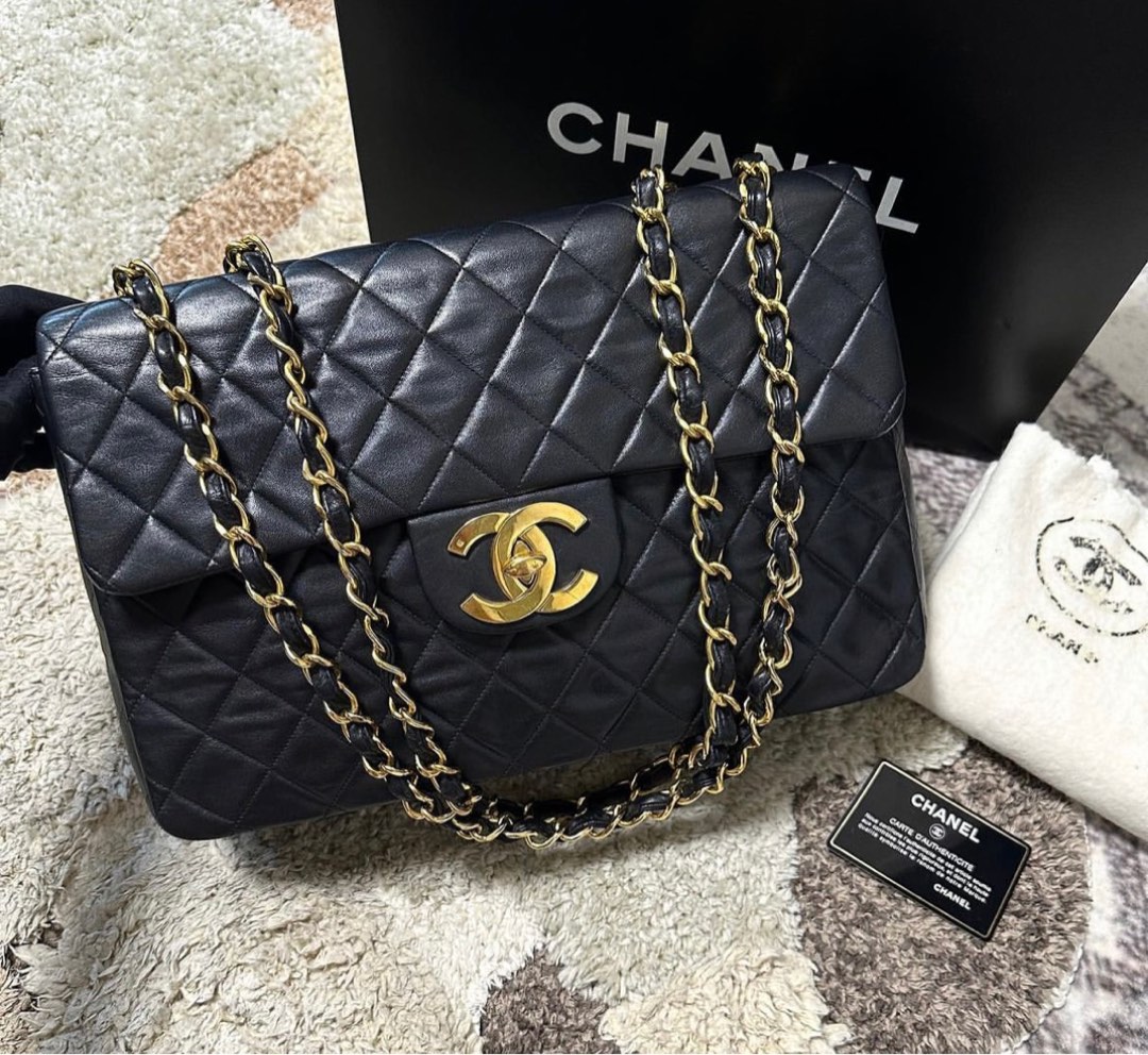 Vintage Chanel Black Lambskin 34cm Maxi Jumbo XL, Luxury, Bags & Wallets on  Carousell