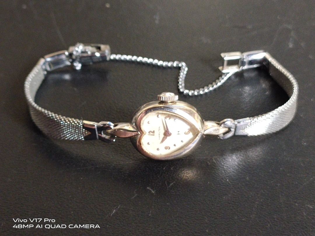 Vtg Hamilton 10K White Gold Filled Case Heart Shape Hand Winding