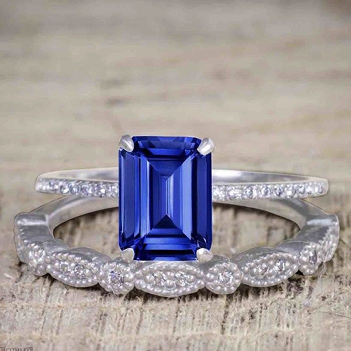 Wedding Ring / Blue Sapphire Engagement Ring / Bridal Set / Credit Card