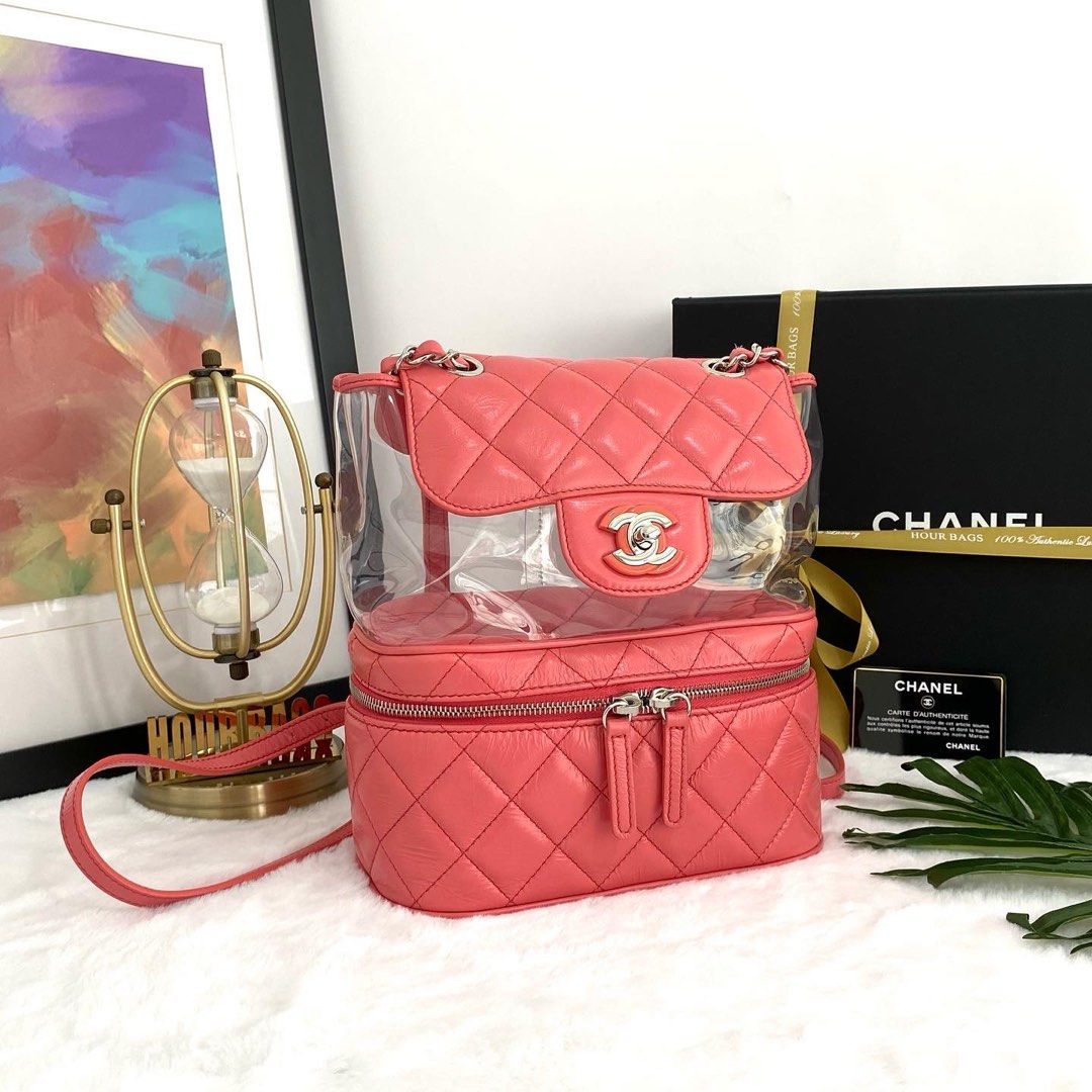 💯% Authentic Chanel Light Pink Color Calfskin And PVC Small Size Backpack  In SHW