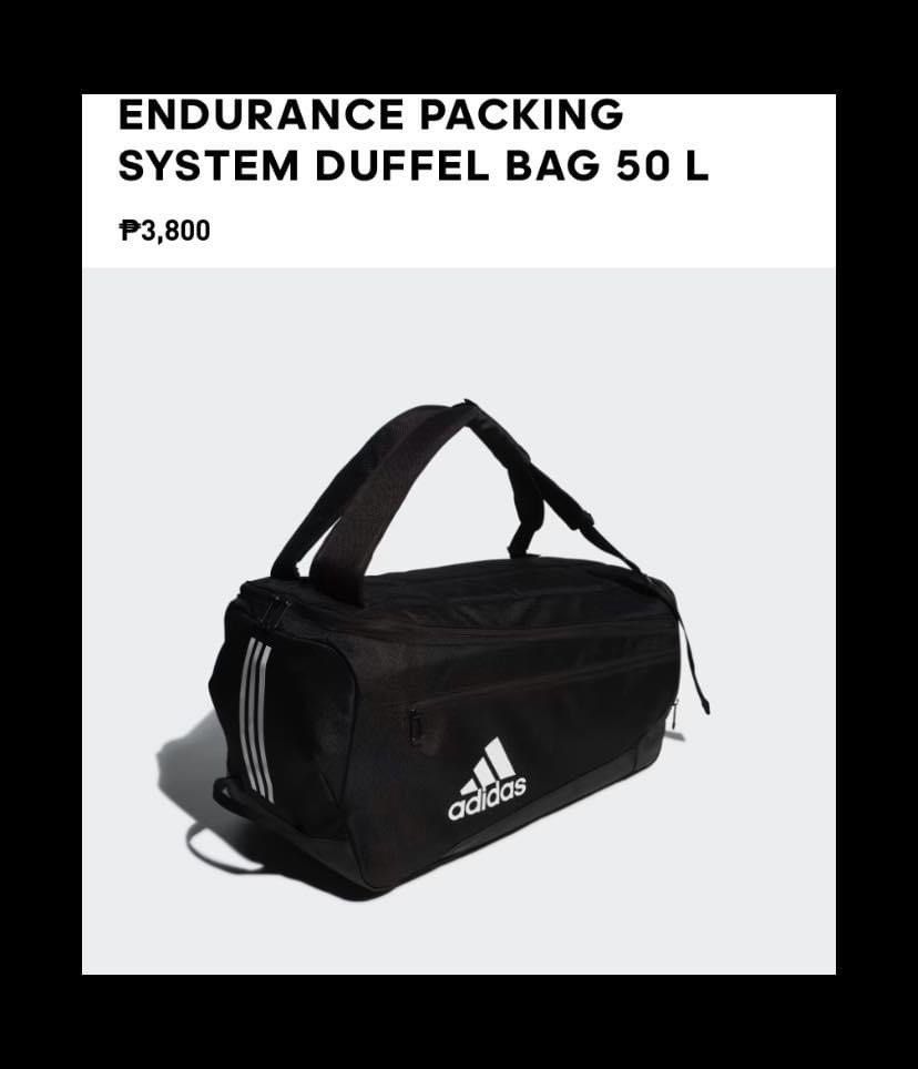 Adidas duffle bag (Category: Backpacks) located in Cainta. Submitted by saelselore (Listing ID 1261047031, Image 2). Description: Adidas endurance duffle bag 50L Original price ₱3,800 Selling for only ₱2,200 ‼️ Duffle na pwedeng backpack 💯 original from adidas store Mine nyo na 😊.