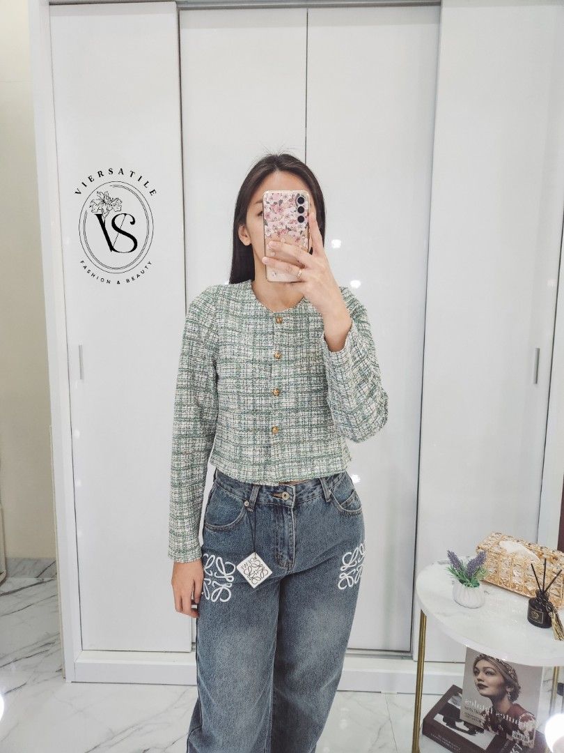 Jeans Giacca Tweed Stradivarius Ariella Crop Tweed Blazer/pendek