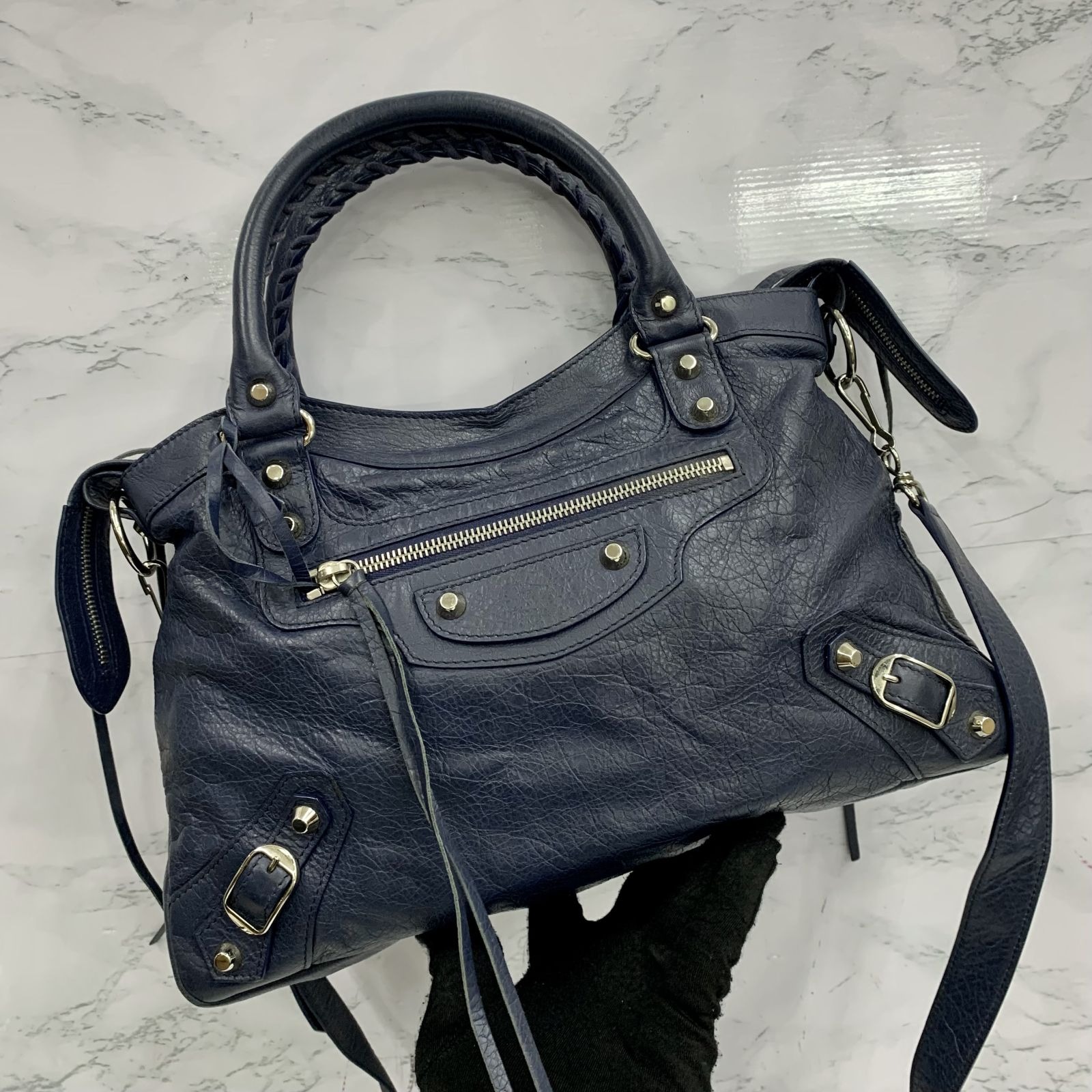 BALENCIAGA 240579 BLUE TOWN WITH MIRROR 2 WAY SHOULDER BAG, Luxury 