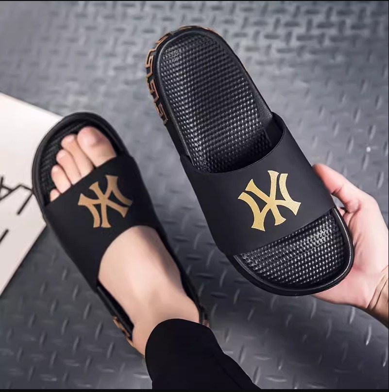 mens black and gold slides