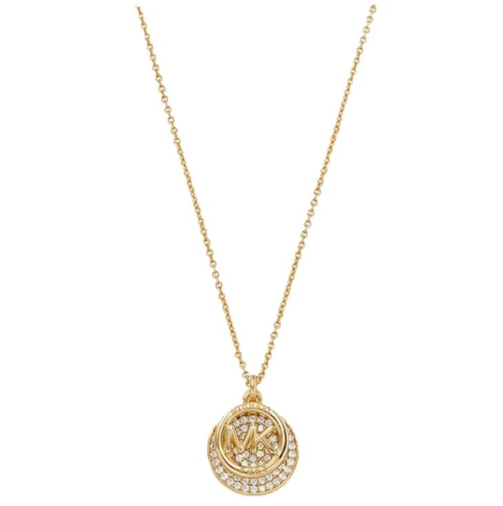 BRAND NEW AUTHENTIC INSTOCK BOXED MICHAEL KORS MK LOGO 2 PENDANTS YELLOW GOLD NECKLACE CRYSTALS MKJ8009710