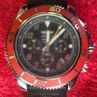 Breitling SuperOcean 42mm Automatic A27366  Men's Watch Red Bezel Black Rubber Strap Black Dial Silver tone Stainless Steel Case Chronograph Luminous Hands Numbers Pin Buckle Clasp