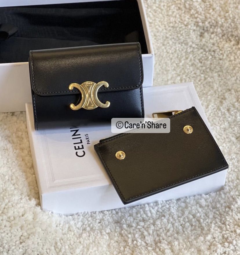 CELINE+Triomphe+Compact+Folding+Wallet+With+Calfskin+Black+10I653DPV for  sale online
