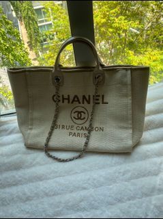 CHANEL Deauville PM Chain Shoulder Tote Bag Denim Beige W/ Box