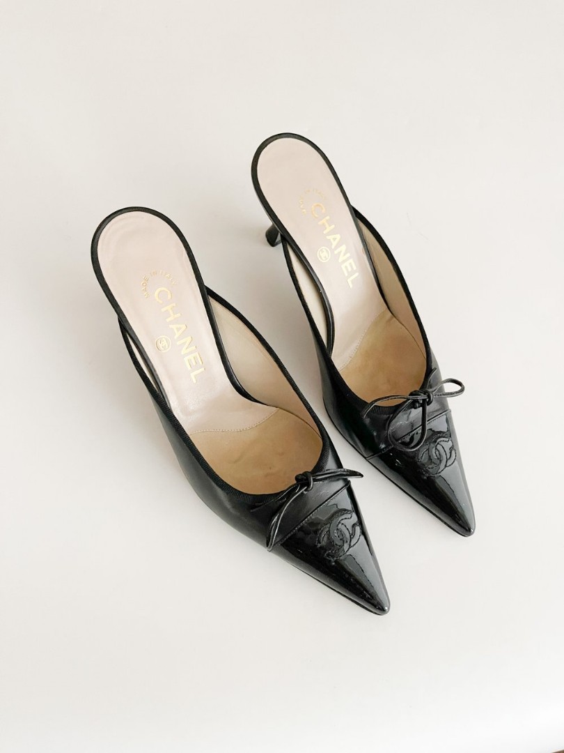 Chanel Iconic CC Black Toe Cap Mule Heels (IT 38)