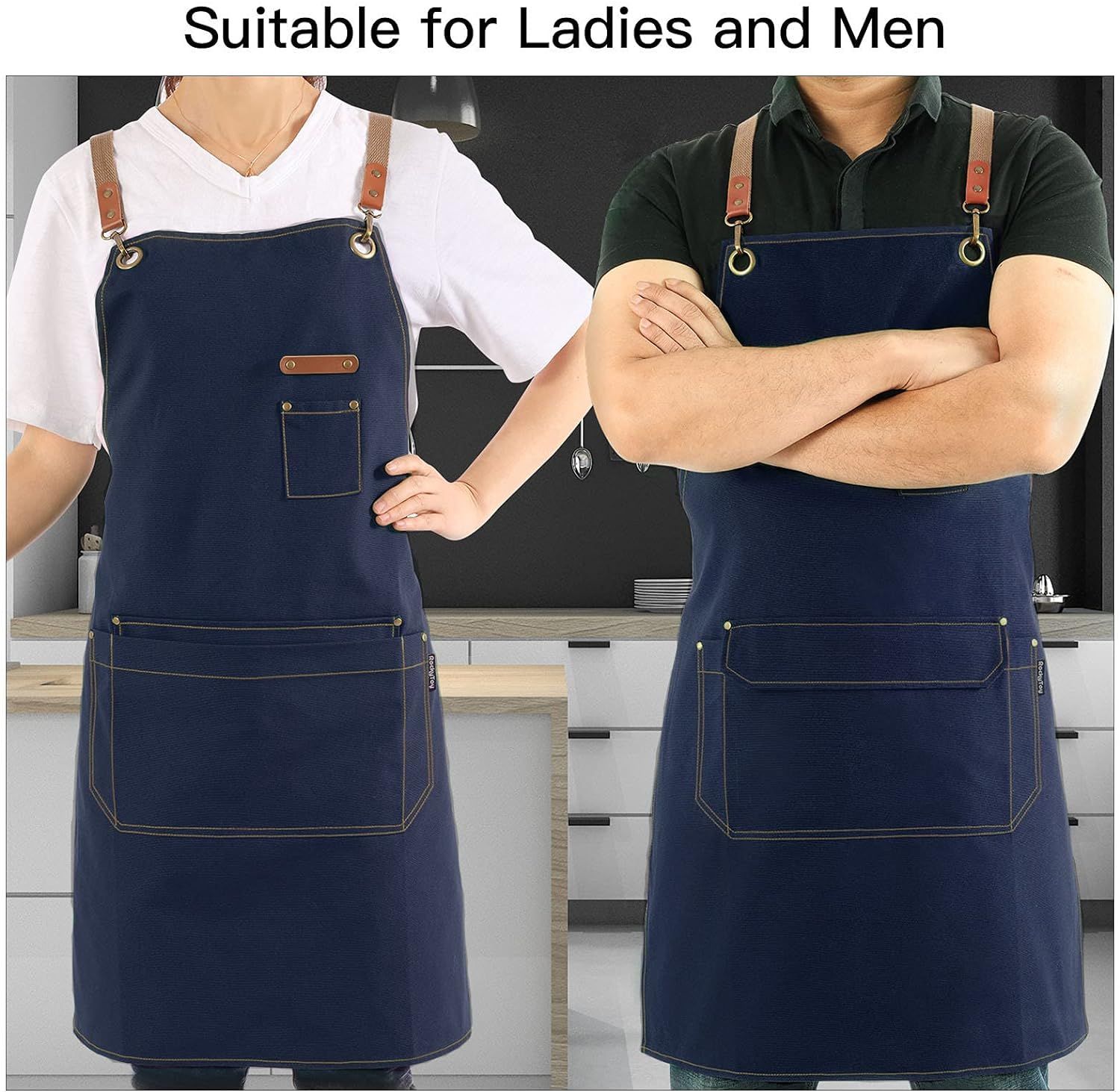 Chef Apron for Men Women with Pockets Cross Back Apron for Kitchen Cooking Baking Artist Painting Cotton Canvas Work Aprons for Shop Garden