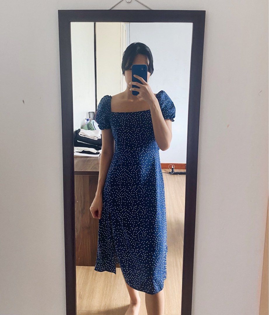 Dark Blue Square Neck Polka Dot Split Dress