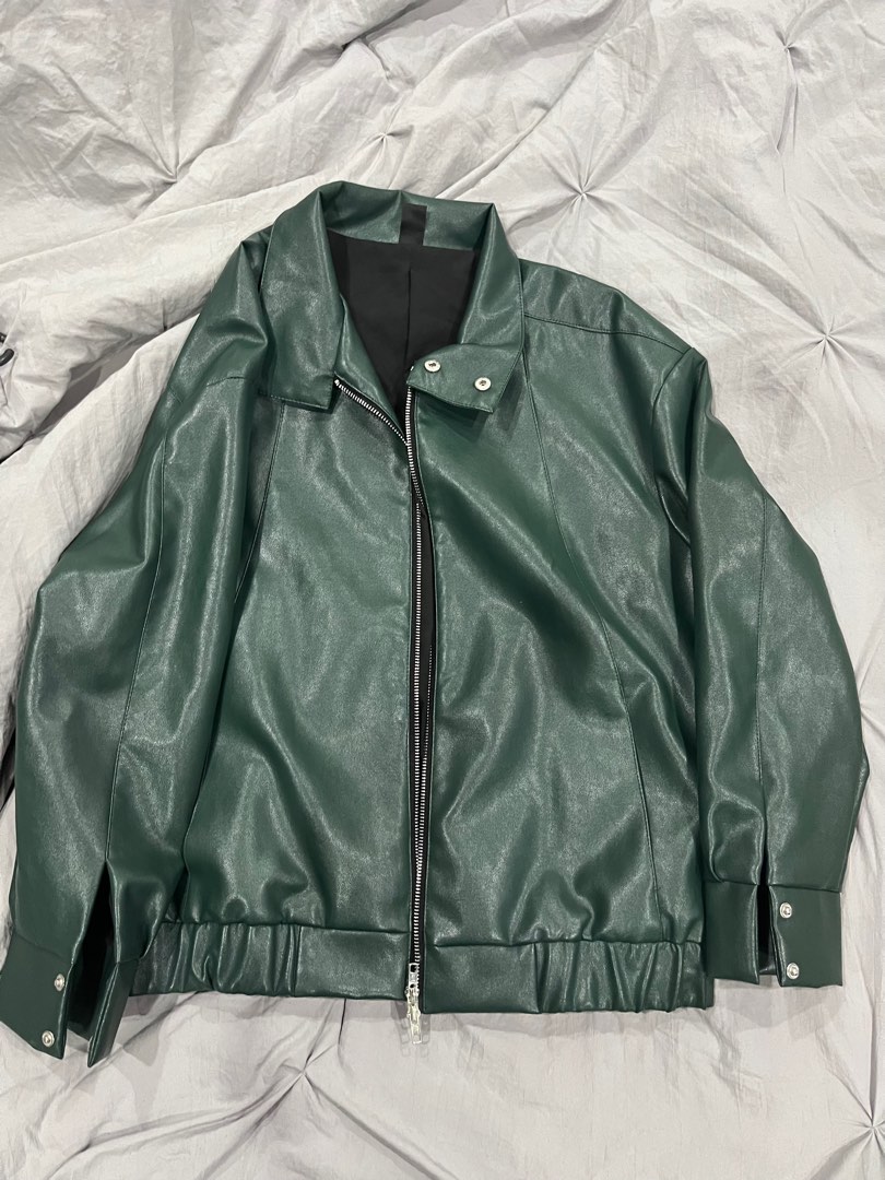 Dark Green Faux Leather Jacket, Women's Fashion, Coats, Jackets and
