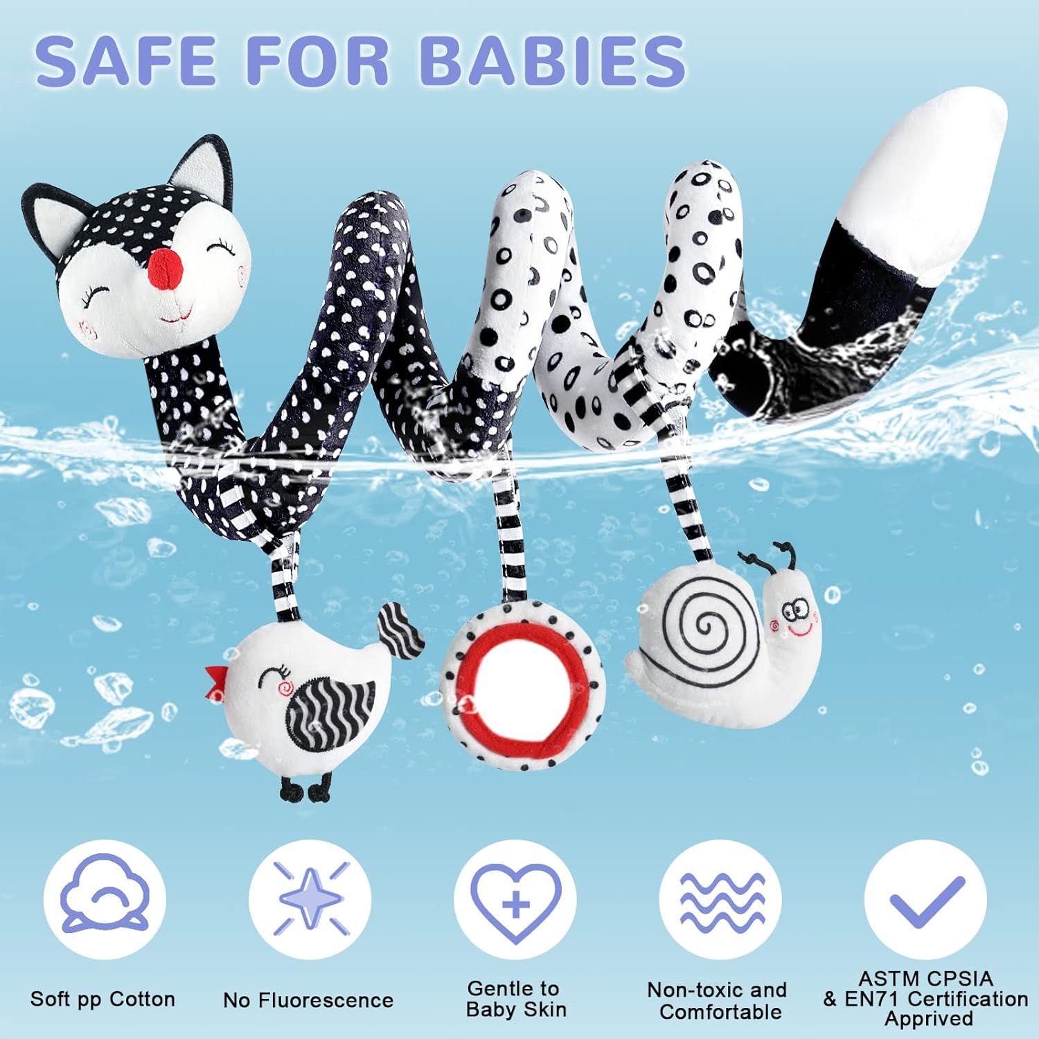 Euyecety Baby Toys Spiral Plush Black and White Car Seat Toys