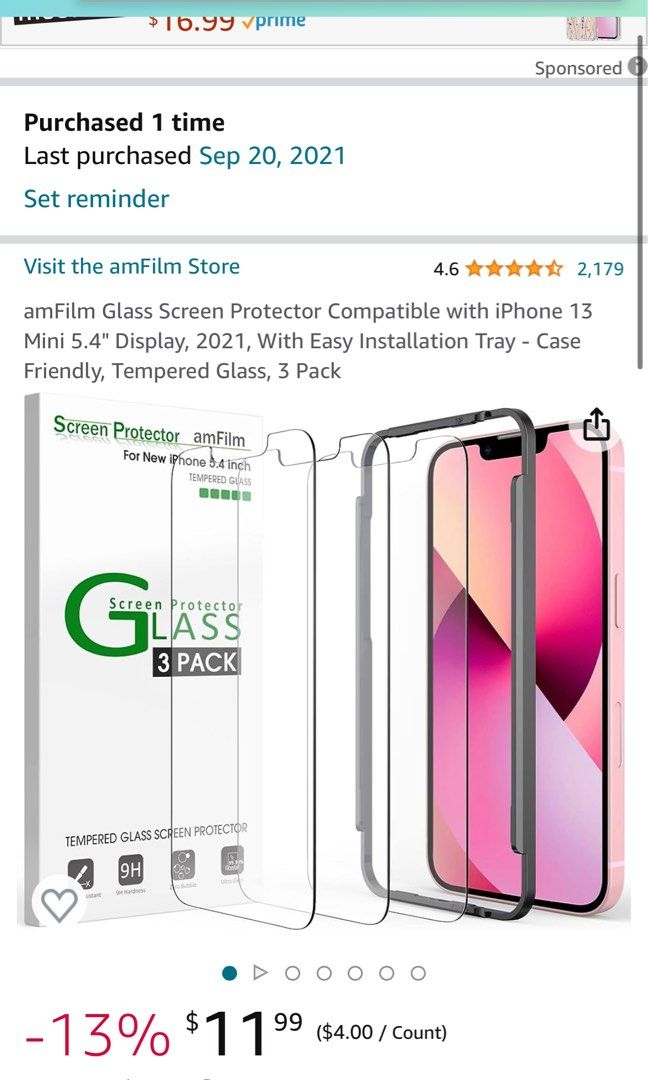 amFilm Glass Screen Protector Compatible with iPhone 13 Mini 5.4 Display,  2021, With Easy Installation Tray - Case Friendly, Tempered Glass, 3 Pack