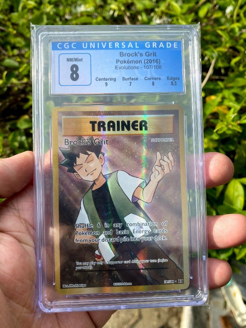 Pokemon Brock's Grit 107/108 Trainer Full Art Evolutions CGC 8, Hobbies &  Toys, Toys & Games on Carousell