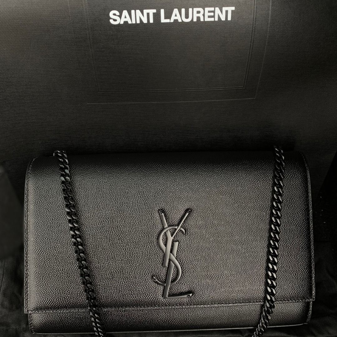 Saint Laurent Kate Gold/Silver YSL Medium Black in Calfskin with Gold/Silver-tone  - US