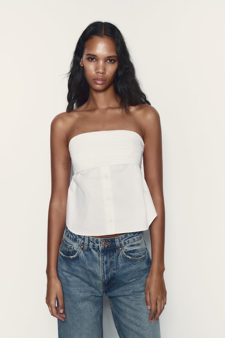 Zara Button Up White Tube Top, Women's Fashion, Tops, Sleeveless