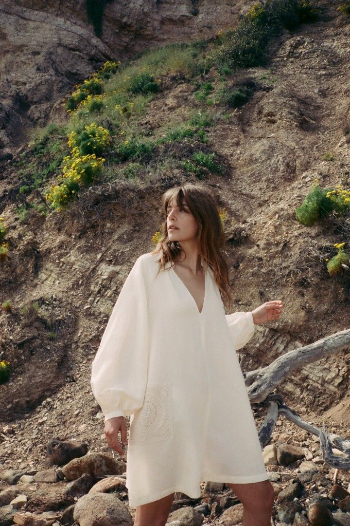 Zara linen with crochet pocket long blouse tunic top dress, Fesyen