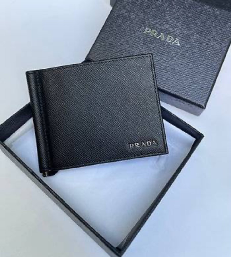 Prada Navy Blue Saffiano Lux Leather Money Clip Bi-fold Wallet Prada