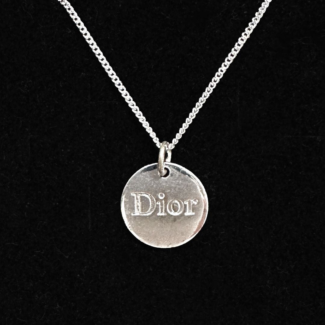 Authentic Vintage Christian Dior Oblique Round Logo Pendant Silver Necklace