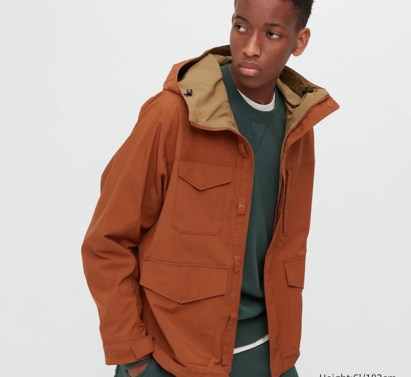 BARU Uniqlo Jaket Parka Utility Parka Hoodie warna Orange Fesyen