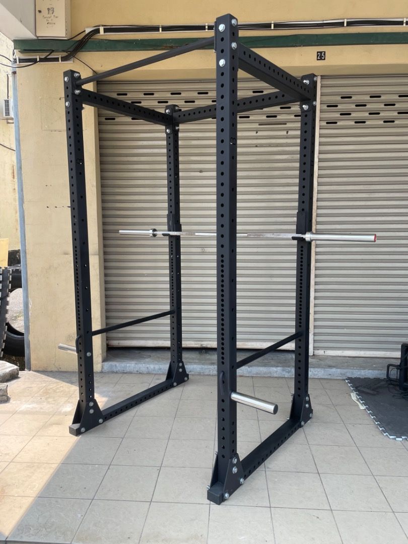 BLK 3 x 3 rogue like 3 4 westside spacing flat foot four poles power rack squat pin and pipe safeties gym weight storage
