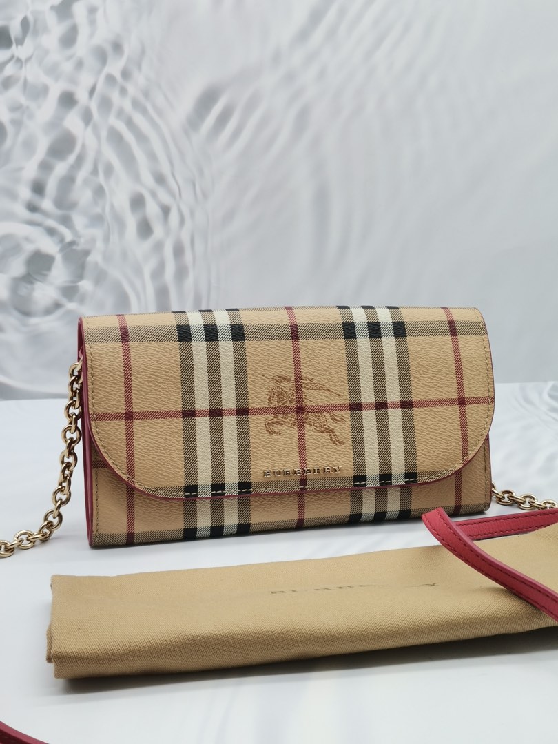 BURBERRY SIGNATURE HAYMARKET CHECK CANVAS HENLEY CORAL RED WALLET