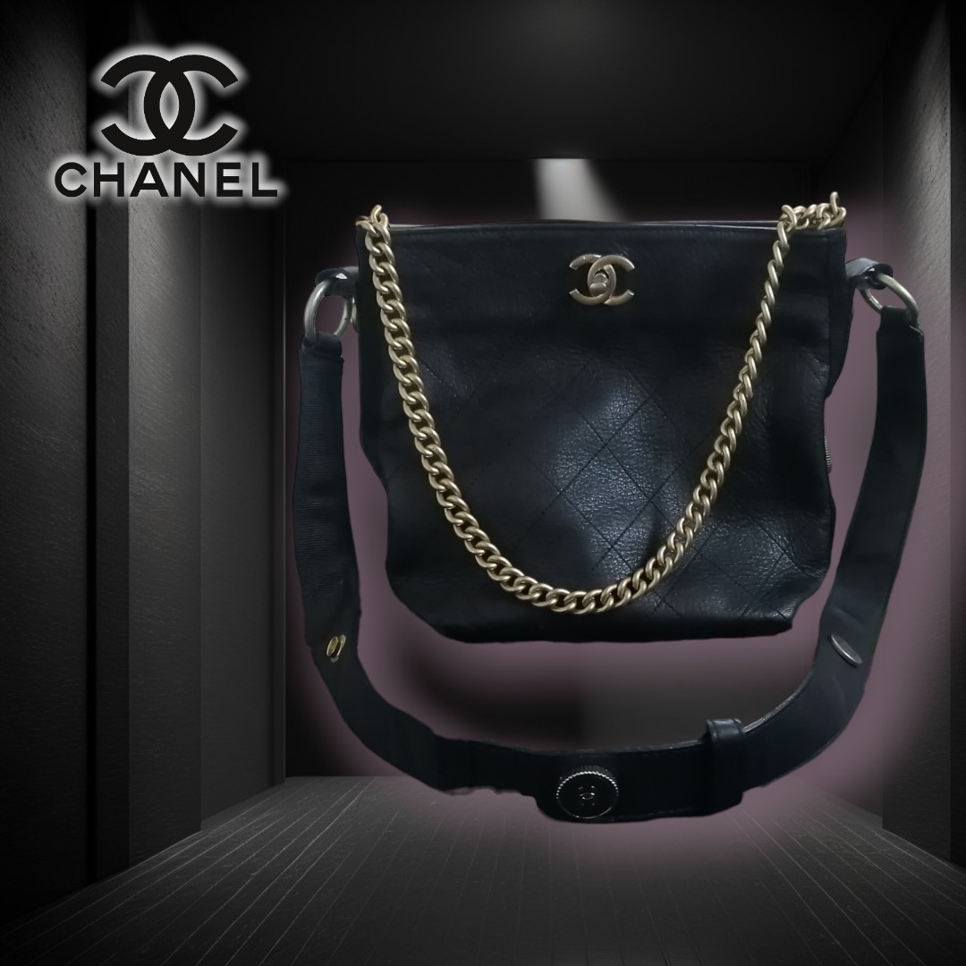 CHANEL Black Quilted Leather Button Up Hobo Bag