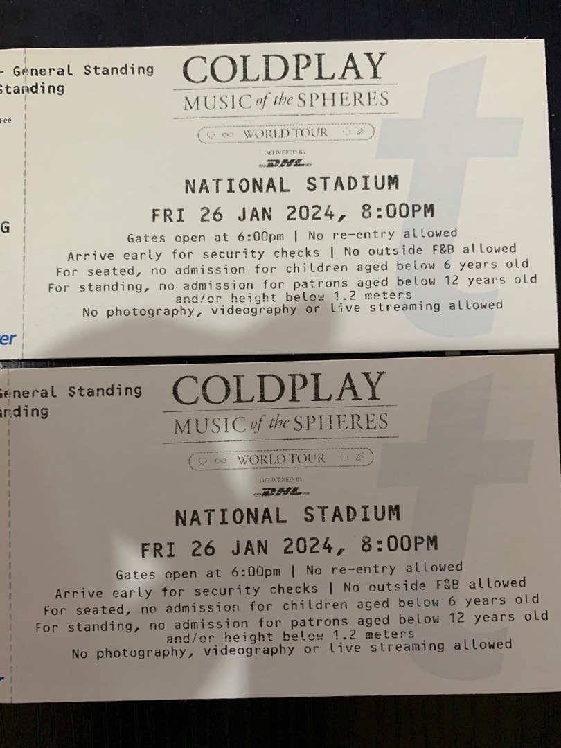 COLDPLAY World Tour Ticket (Standing Pen) 26th Jan 2024, Tickets