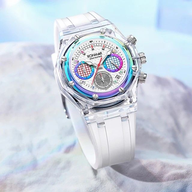 Fashion Chronograph Watch Luxury Quartz Wristwatches 40mm Transparent Case Hip Hop Watch Men Top Brand Chrono Clocks RONMAR 2023