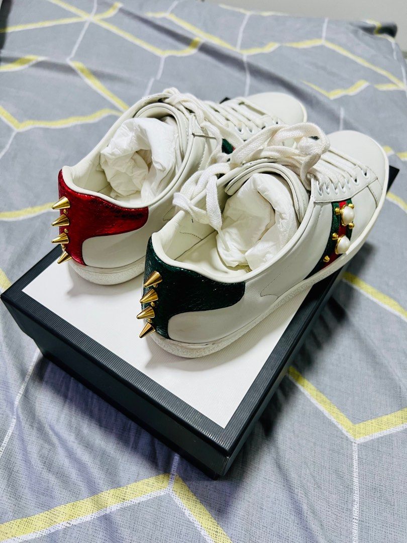 GUCCI Calfskin Web Pearl Studded Women Ace Sneakers