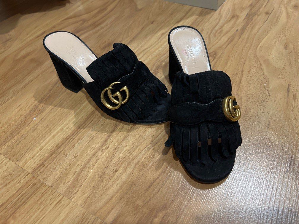 Gucci suede mid heel slide best sale