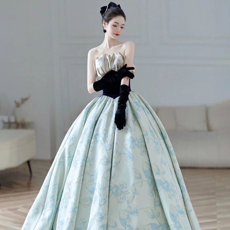 PO Light Blue Jacquard Royal Off Shoulder Luxury Prom Dresses