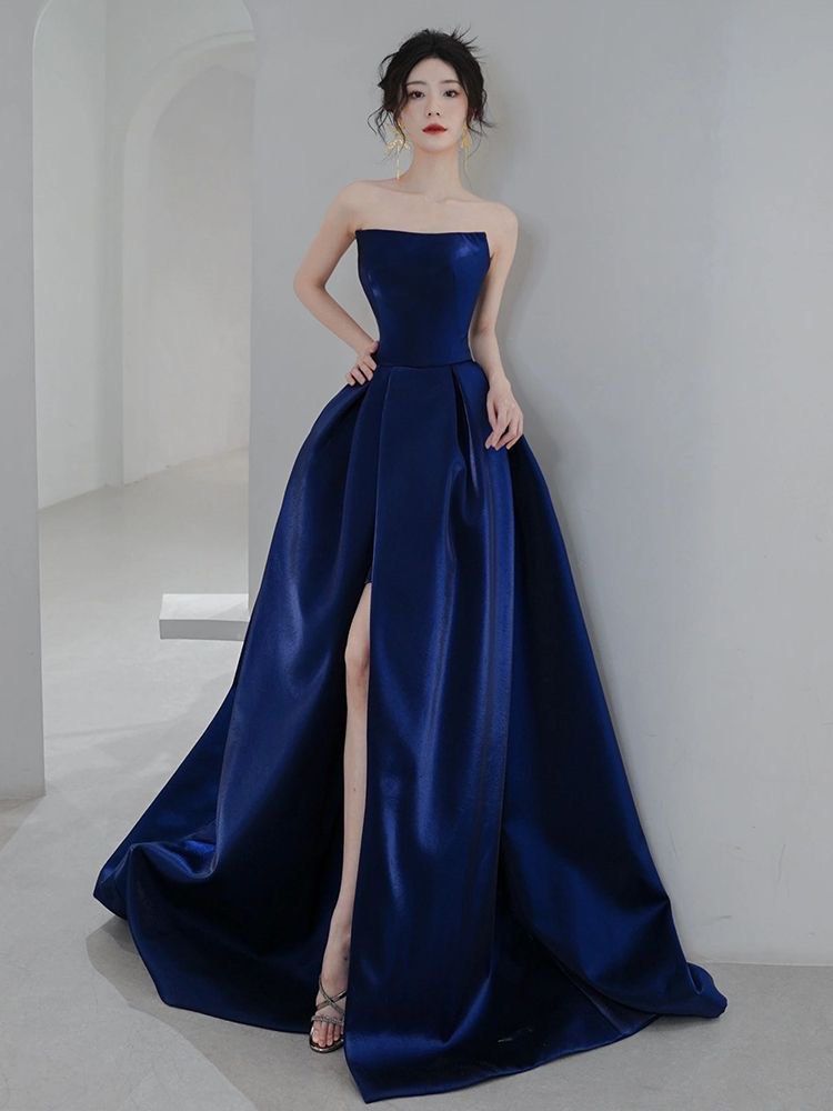 PO Royal Blue Tube Hem High Slit Evening Gown Prom Dress Women s