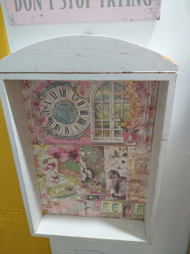 shabby chic wall decor diy (Category: Wall Decor) located in Cavite. Submitted by wishie_collects (Listing ID 1261269336, Image 1). Description: Shabby chic wooden wall shelf decor Dinikitan ko lang ng vintage papers and nilagyan ng hook.