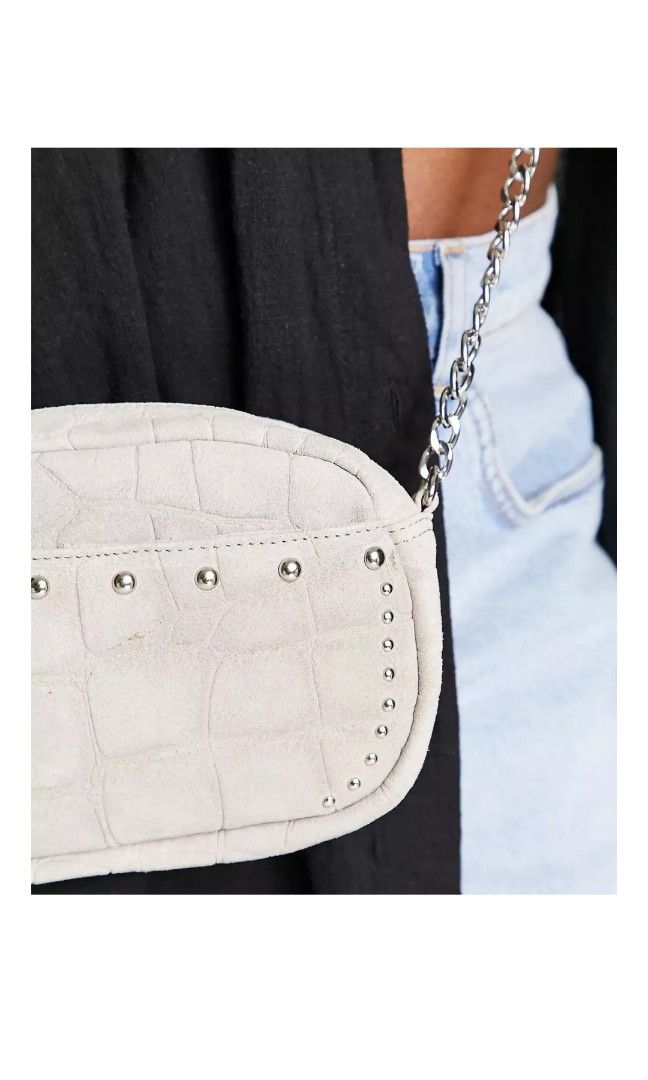 Urbancode Suede Crossbody Bag with Croc and Stud Details in Grey