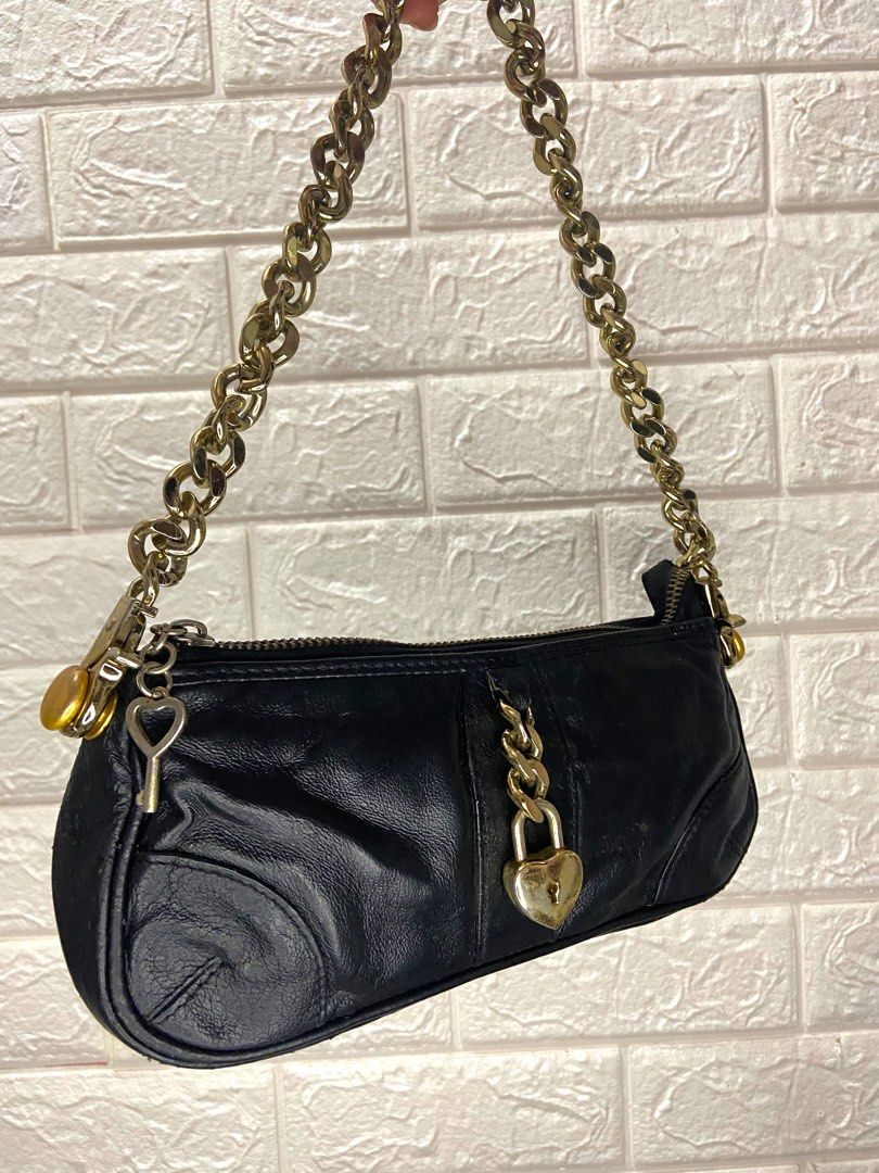 Juicy Couture Black Leather Y2K Gold Tone Chains Shoulder Bag