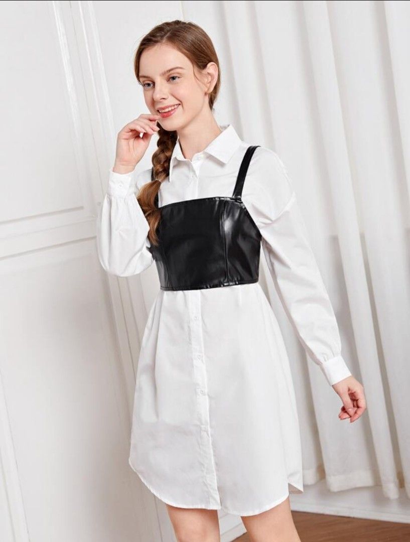 White polo dress with PU leather Corset Top, Women's Fashion