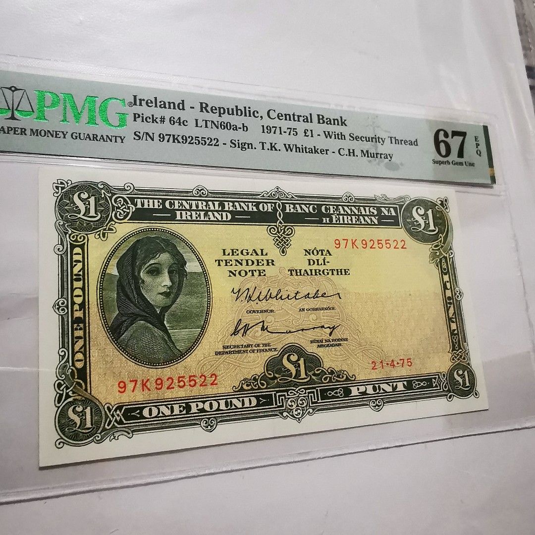 高分靚紙🇮🇪 1971-75年愛爾蘭銀行壹磅Ireland Central Bank One Pound PMG 67EPQ, 興趣及遊戲,  收藏品及紀念品, 錢幣- Carousell