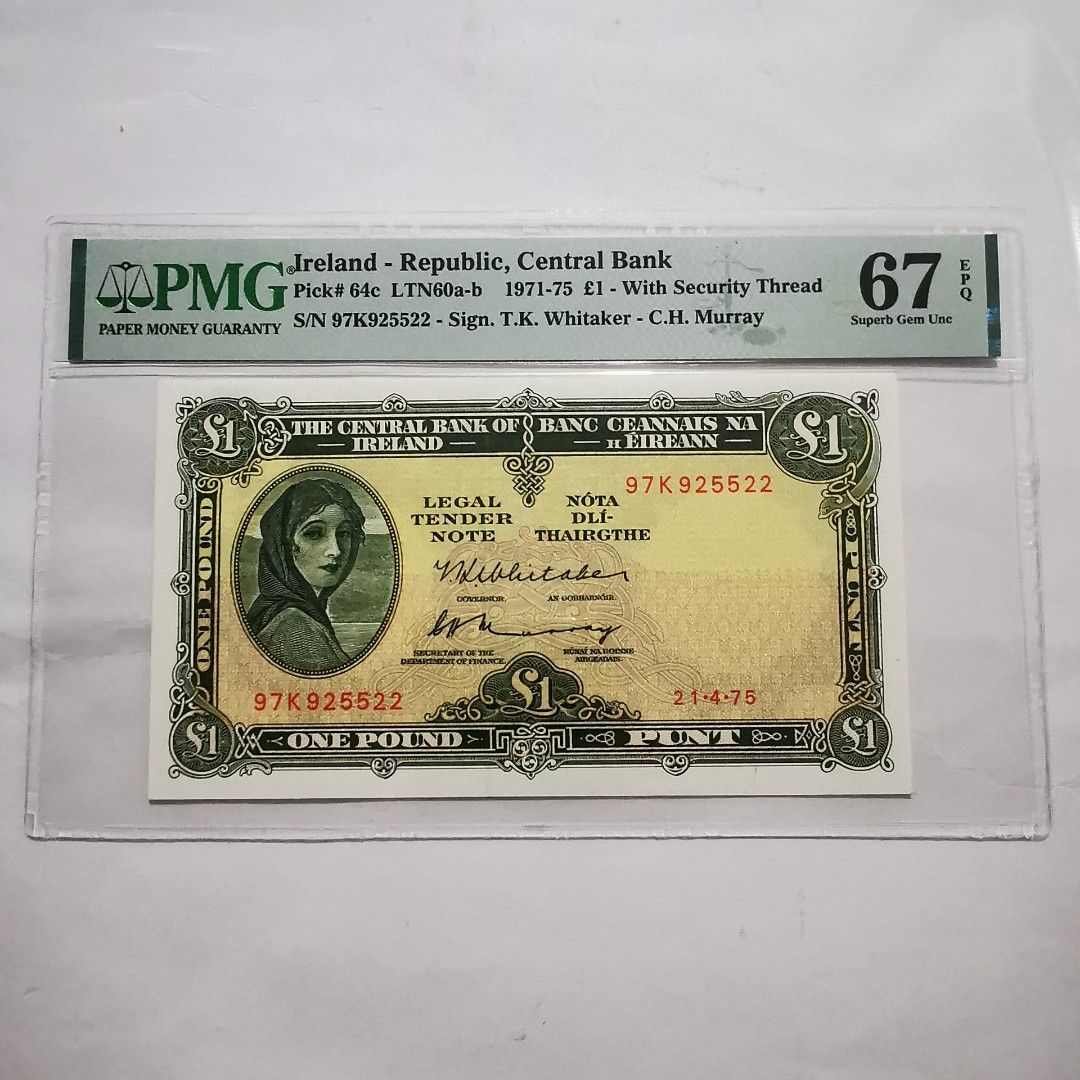 高分靚紙🇮🇪 1971-75年愛爾蘭銀行壹磅Ireland Central Bank One Pound PMG 67EPQ, 興趣及遊戲,  收藏品及紀念品, 錢幣- Carousell