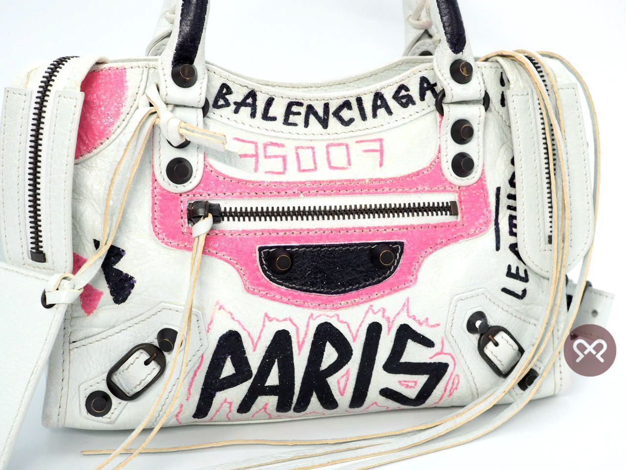 Balenciaga Paris Graffiti Top Handle Bag White Pink Black