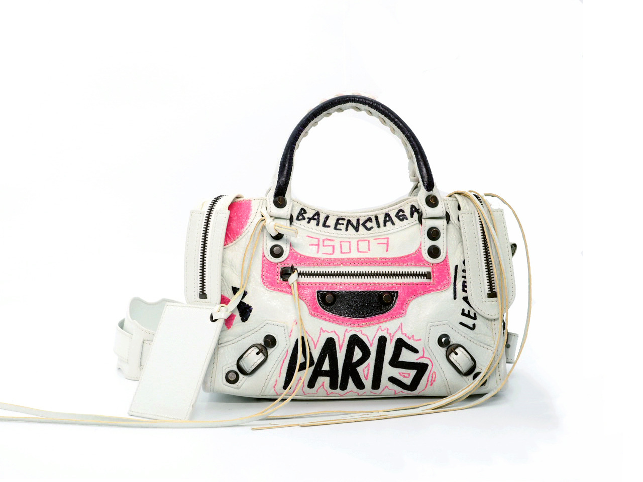 Balenciaga Paris Graffiti Top Handle Bag White Pink Black