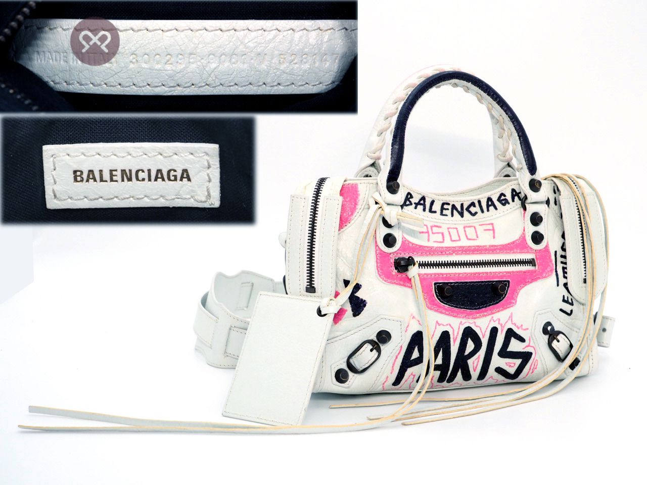 Balenciaga Paris Graffiti Top Handle Bag White Pink Black