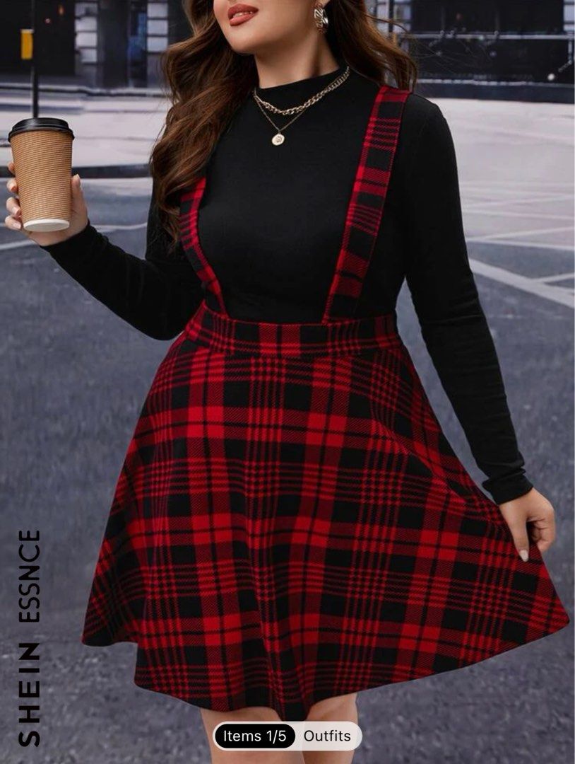 Plus Size Black Neck Tee Red Plaid Suspender Skirt Set Women s