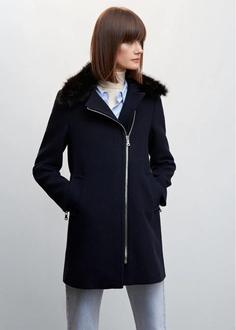 BN mango Detachable fur effect collar coat Women s Fashion Coats