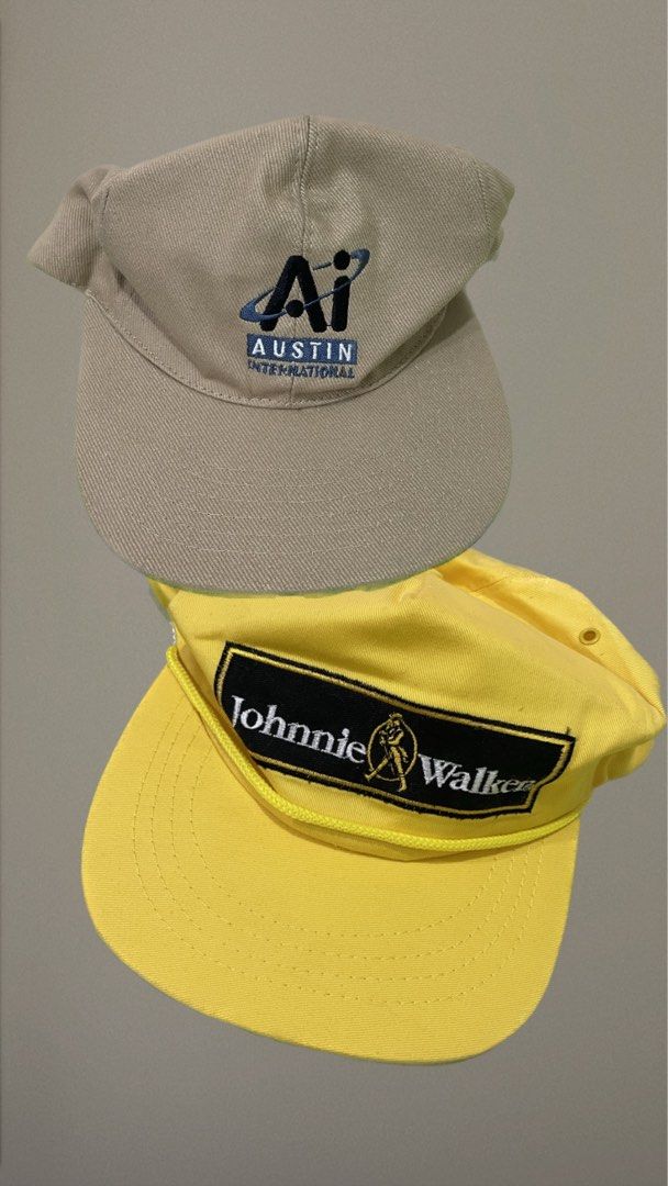 Cap bundle (Category: Caps & Hats) located in Manila. Submitted by cheska_dn (Listing ID 1261338461, Image 2). Description: Never used, just stored (thats why they're gusot sorry huhu) - Johnnie Walker and Austin International (??) - Found these while decluttering my tito's old stuff (the caps might be older than me (born 2000) but i dont know if they're considered vintage hahaha) PM for more photos.
