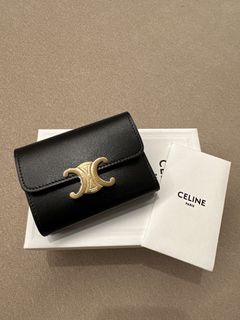 Celine Triomphe Small Flap Compact Trifold Wallet Tan Leather Free